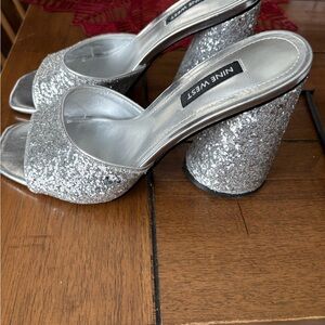 Nine West Silver Glitter Block Heel Slides